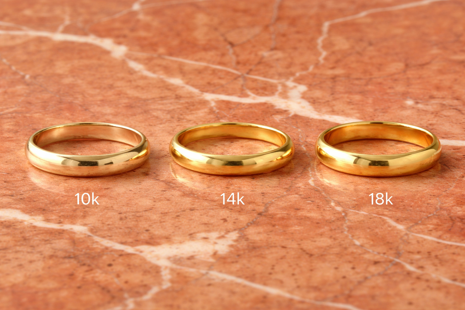 10k vs 14k vs 18k gold ring comparison: three yellow gold bands labeled side by side on marble surface showing karat color difference