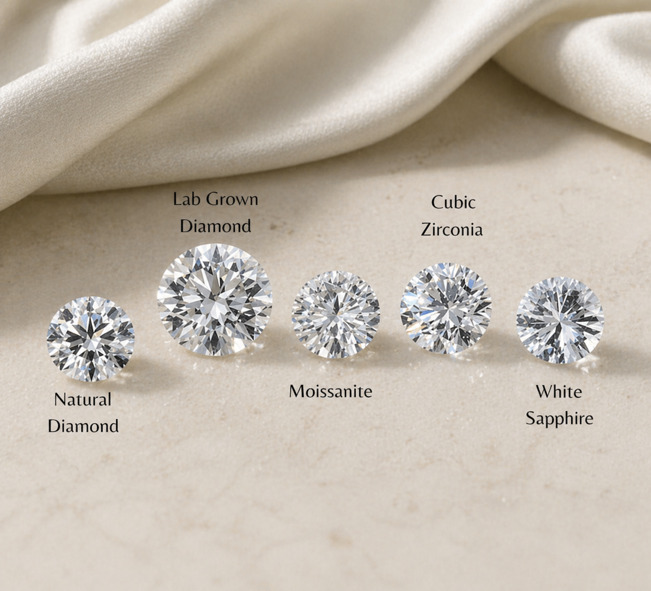 Side-by-side comparison of five stones: natural diamond, lab-grown diamond, moissanite, cubic zirconia, and white sapphire — only the first two are genuine diamonds; the rest are simulants made of entirely different materials