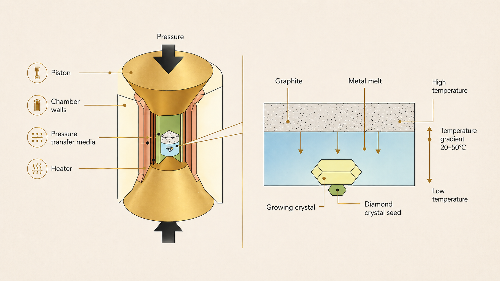HPHT lab-grown diamond growing process diagram: a piston press applies extreme heat and pressure to a graphite carbon source above a diamond seed crystal, causing carbon to crystallize in the diamond lattice structure