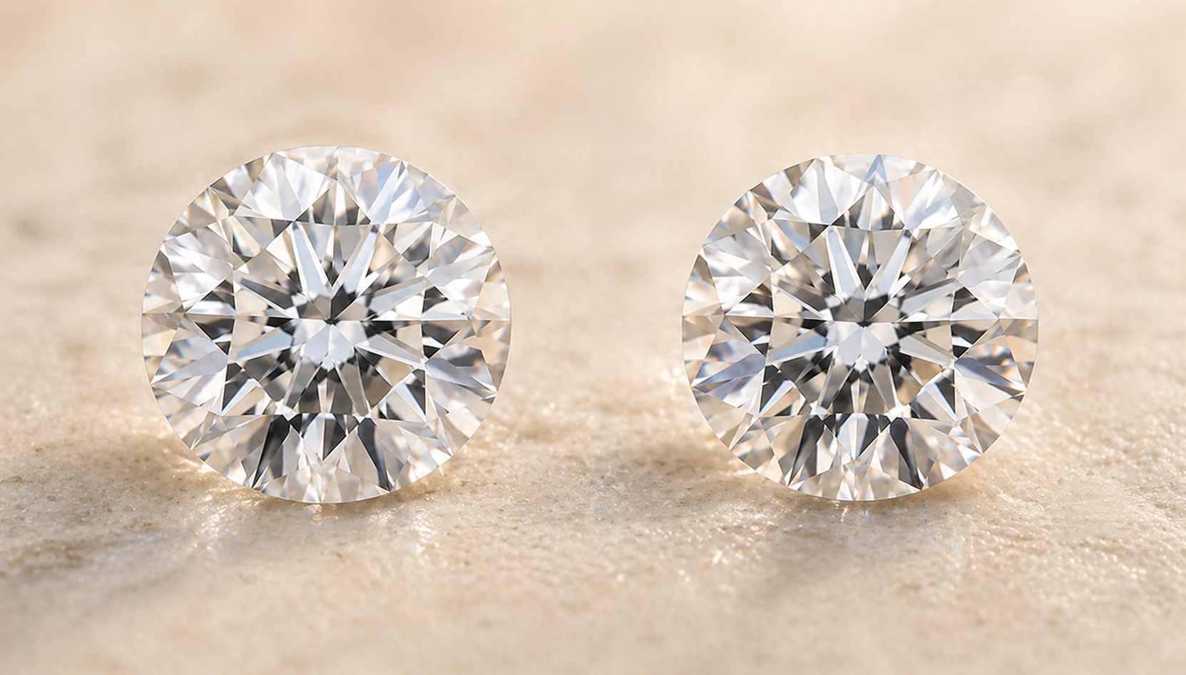Two round brilliant diamonds side by side — one natural, one lab-grown — appearing visually identical. Origin can only be determined through spectroscopic analysis, not visual inspection