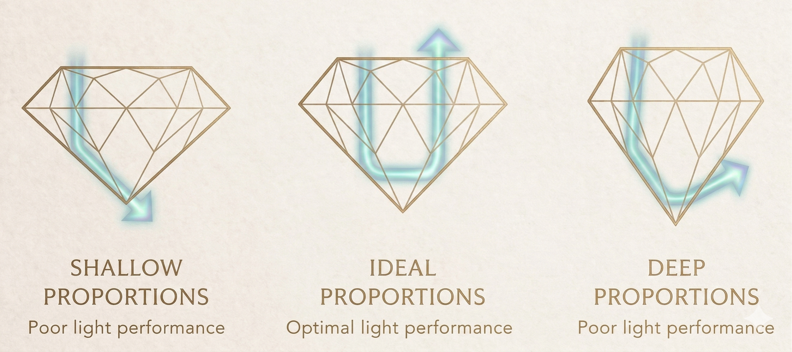 Diamond cut light performance diagram comparing shallow proportions (light leaks through the bottom), ideal proportions (light returns through the crown), and deep proportions (light leaks through the sides)