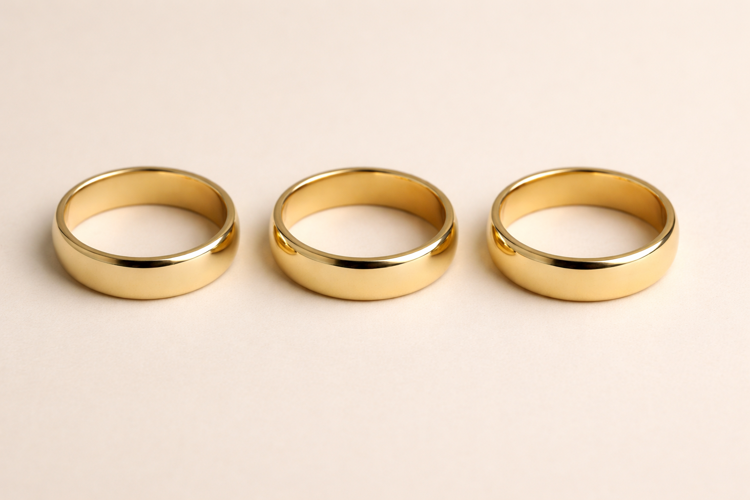 What karat gold is best — three yellow gold bands showing karat comparison for fine jewelry